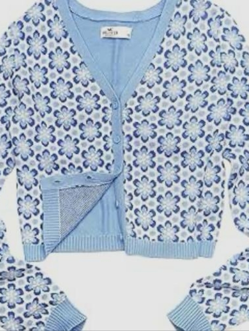 Hollister Junior Floral V-Neck Sweater Size M – Cute Blue Knit Pullover